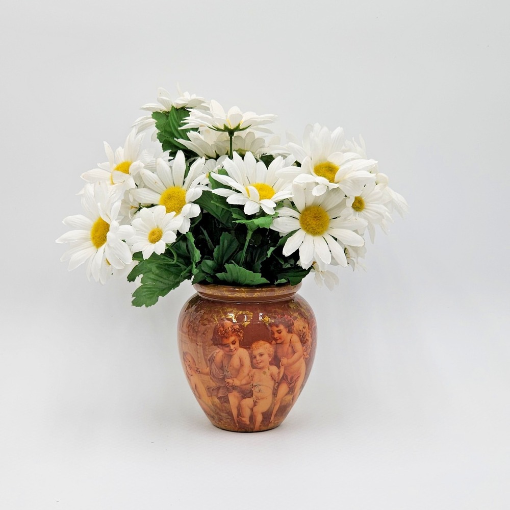 Vintage Enesco Cherub Vase Porcelain Applied Pink Roses Gold Gilt Putti Angel
